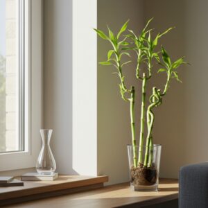 نبتة بامبو بجانب شباك مشمس