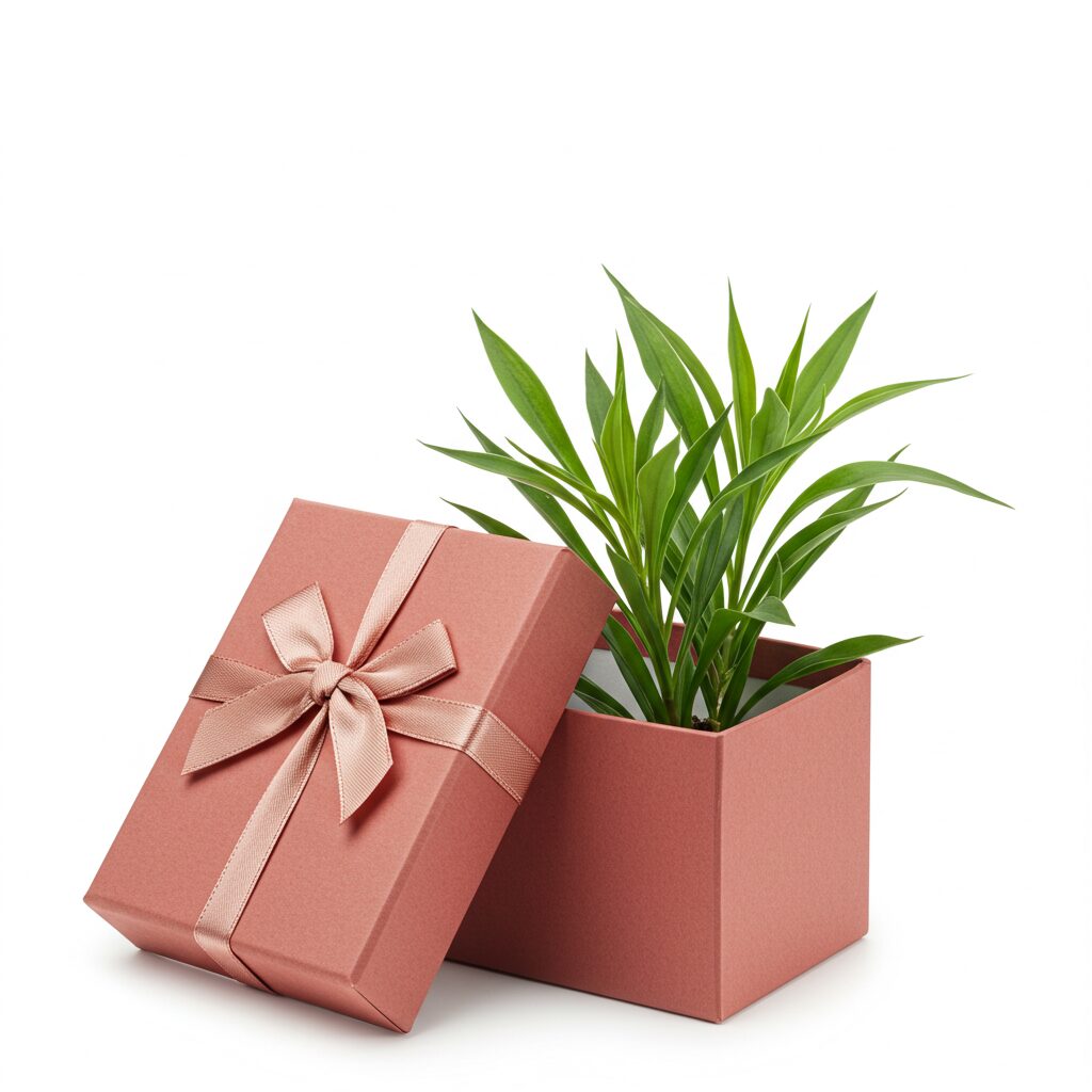 نبتة زينة خضراء داخل علبة هدايا بلون وردي أنيق مزينة بشريط ساتان، مع غطاء العلبة مفتوح.